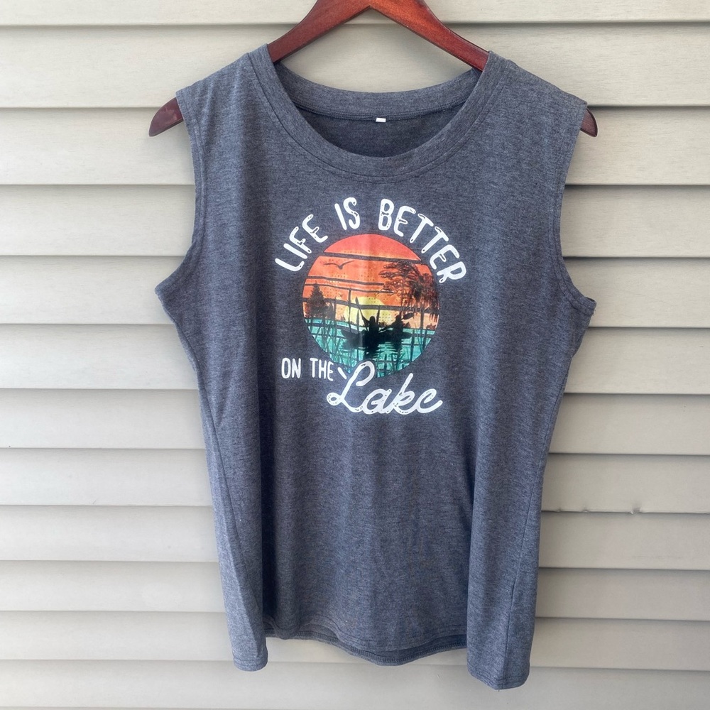 Amazon Gray and Orange Graphic Muscle Tee Relaxed Fit